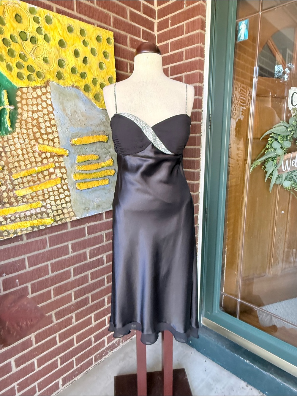 Y2K Mary L Couture Black Satin Slip Dress with Rhinestone Trim